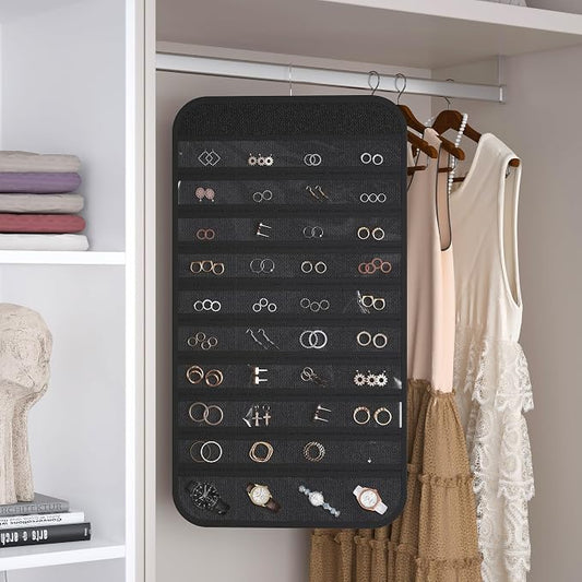 2 Pack Hanging Jewelry Organizer 80-Pocket Dual-sided Jewelry Storage for Earring Necklace Bracelet Ring Travel Holder, Black and White