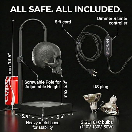 Skull Candle Warmer Lamp with Timer and Dimmer *Candles NOT Included – Black Gothic Candle Lamp Warmer w/Adjustable Height, 2 Light Bulbs – Skull Decor, Goth Gothic Decor Spooky Home & Witchy Gifts