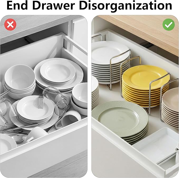 Adjustable Dish Rack for Kitchen Counter - Bamboo Plate Holder Organizer for Cabinet Wooden Bowl Organizer Stainless Steel Plate Stand Storage for Kitchen Drawer Countertop Cupboard Shelf RV