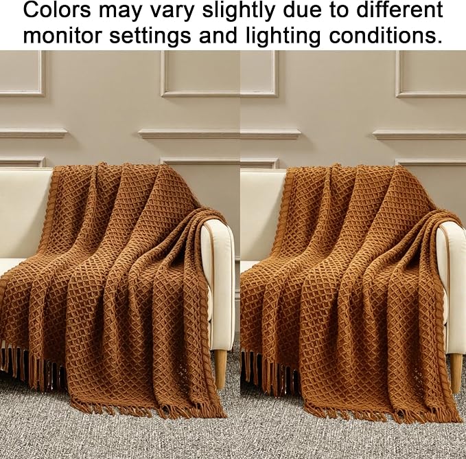 CREVENT Farmhouse Boho Knitted Throw Blanket for Couch Sofa Chair Bed Home Decoration, Soft Warm Cozy Light Weight for Spring Summer Fall (60''X80'' Light Brown)
