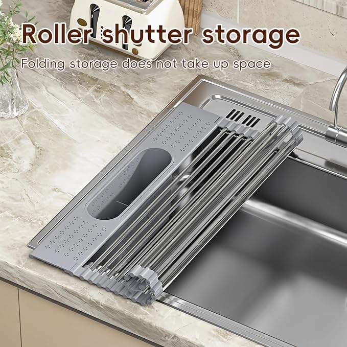 Roll Up Dish Drying Rack Over Sink, 20" X 15.2" Foldable SUS304 Stainless Steel Kitchen Dish Drainer, Heat-Resistant Multipurpose Rolling Sink Rack Organizer, Grey