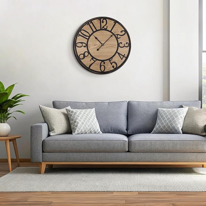 Maxstar Large Wall Clock Silent Bronze Rustic Farmhouse Metal & Wood with Arabic Numeral, Battery Operated Wall Clocks Decorative for Living Room Bedroom Office Home Decor 24inch
