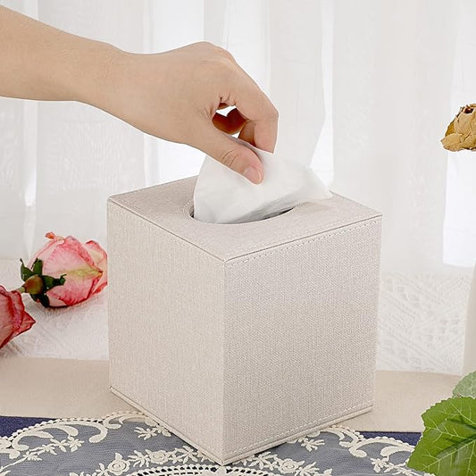 Sumnacon Square Linen Tissue Box Cover - Stylish Cube Tissue Box Holder with Magnetic Bottom, Decorative Tissue Box for Vanity Toilet Tank Dresser Night Stand Table Countertop Office Car, Beige