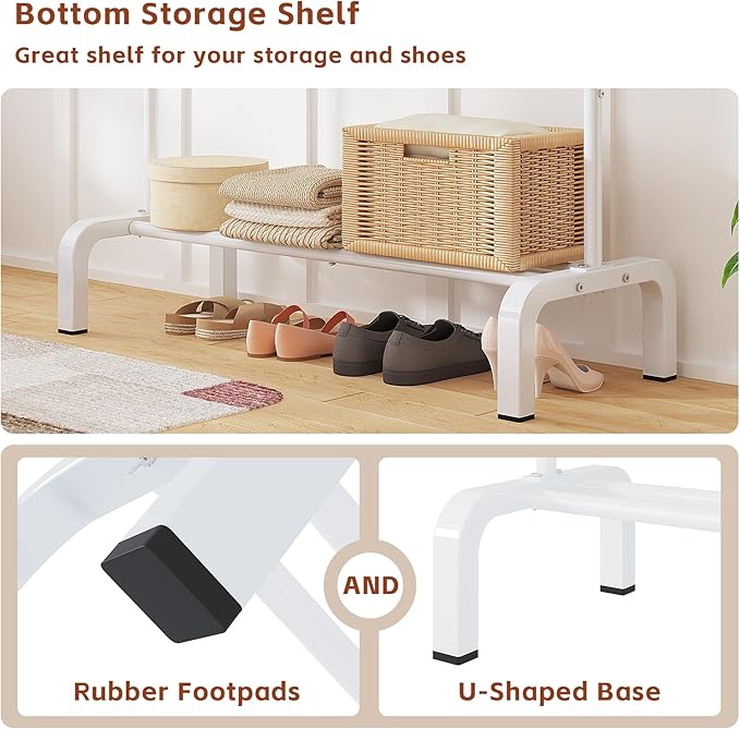 JIUYOTREE Standard Clothes Clothing Garment Rack with Storage Shelves Clothes Organizer for Hanging Clothes Coat Jacket Shirt Sweater Jeans White