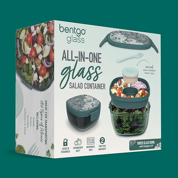 Bentgo Glass Prints Salad Container - 7.6-Cup Tinted Glass Salad Bowl with Airtight Lid, Leak-Proof Sauce Container, 4-Compartment Bento Meal Prep Tray & Reusable Fork (Floral Maximalist - Sea)
