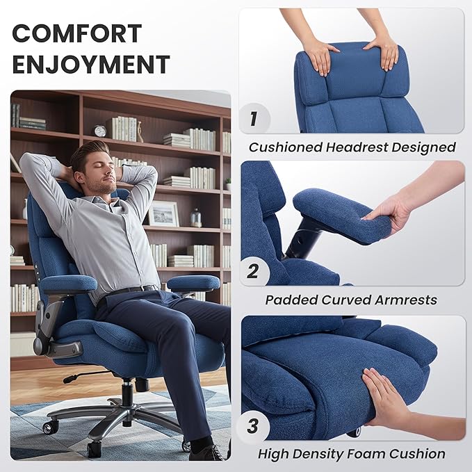 750lbs Heavy Duty Desk Chair with 3D Kneading Massage, Big and Tall Office Chairs with Ergonomic Support, 4D Armrests, 5 Quiet Dual Rubber Wheel, Thick Pocket Spring Cushion(Blue, Fabric)