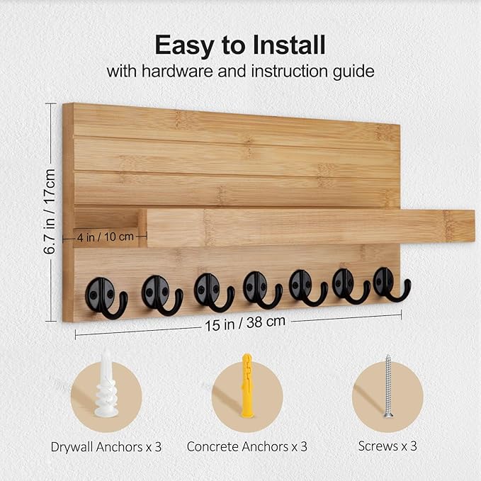 Key Holder Wall Mount, Entryway Key and Mail Holder with 7 Sturdy Hooks for Sunglasses, Dog Leash, Decorative Wall Shelf with Mounting Hardware, 15”W x 6.7”H x 4.2”D