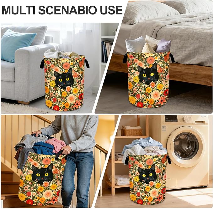 Cat Flower Laundry Basket Waterproof Laundry Hamper Foldable Laundry Bag with Handles for Bedroom, Bathroom, Office, Clothes Storage