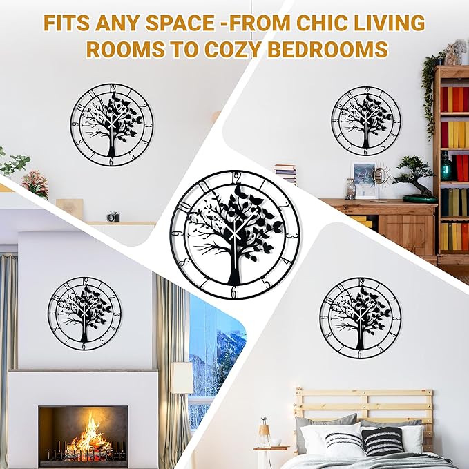 Blorple 16inch/40cm Tree of Life Large Wall Clocks for Living Room Decor,Bedroom,Battery Operated,Metal,Decorative Analog,Silent,Non Ticking Big Wall Clock(Tree of Life, 16 inches)