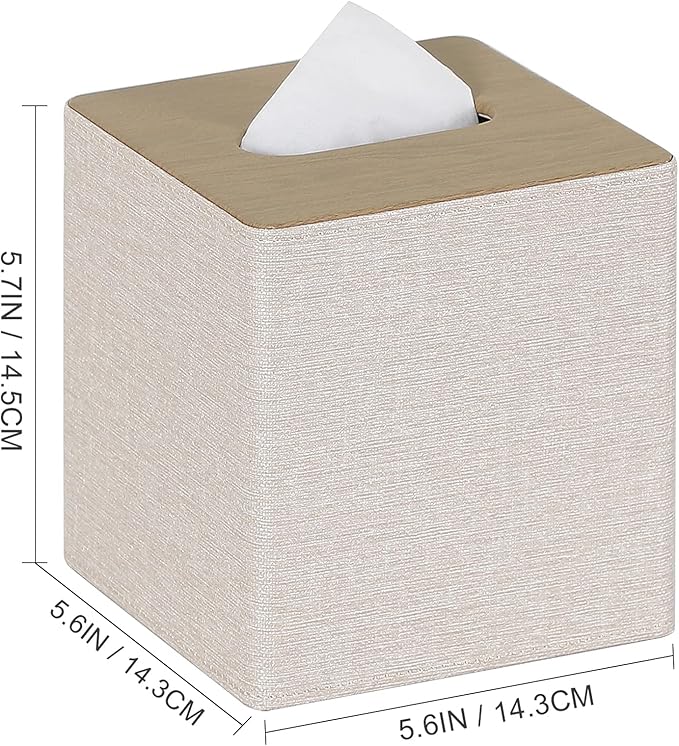 GOLRANLYE Tissue Box Cover Square 2 Pack PU Leather Facial Tissue Box Holder for Dresser Bathroom Decor (Beige)