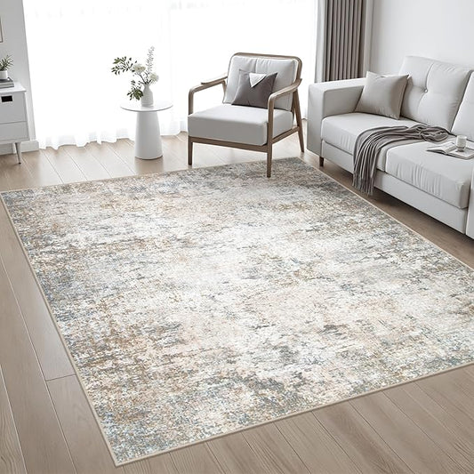 5x5 Area Rug Living Room Rug: Washable Modern Abstract Soft Thin Rug Indoor Floor No Slip Stain Resistant Carpet for Bedroom Dining Room Farmhouse Nursery Home Office - Brown Grey