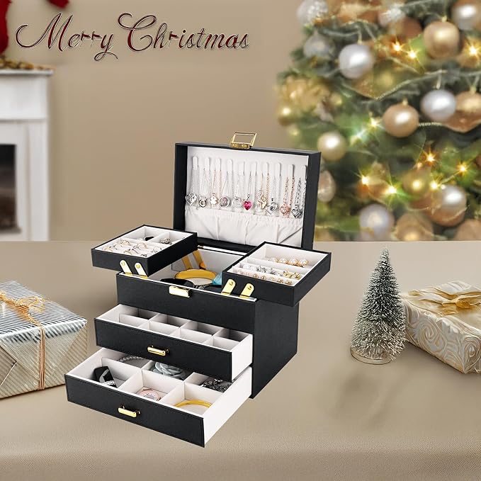 Dajasan Jewelry Boxes for Women Girls, Jewelry Holder Organizer Box, 4 Layers Large Jewelry Storage Organizer for Earring, Ring, Necklace, Bracelets (Black)