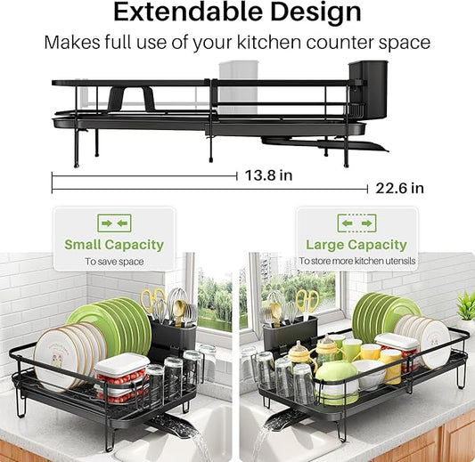 SNTD Dish Drying Rack, Expandable Dish Rack for Kitchen Counter, Metal Dish Drainer with Utensil & Cup Holder 13.8"-22.6" L x 12.1" W (Black)