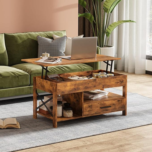 WLIVE Coffee Table, 39" Lift Top Coffee Table with Storage Drawers and Hidden Compartment for Living Room, Retro Central Table with Wooden Lift Tabletop Reception Room, Rustic Brown