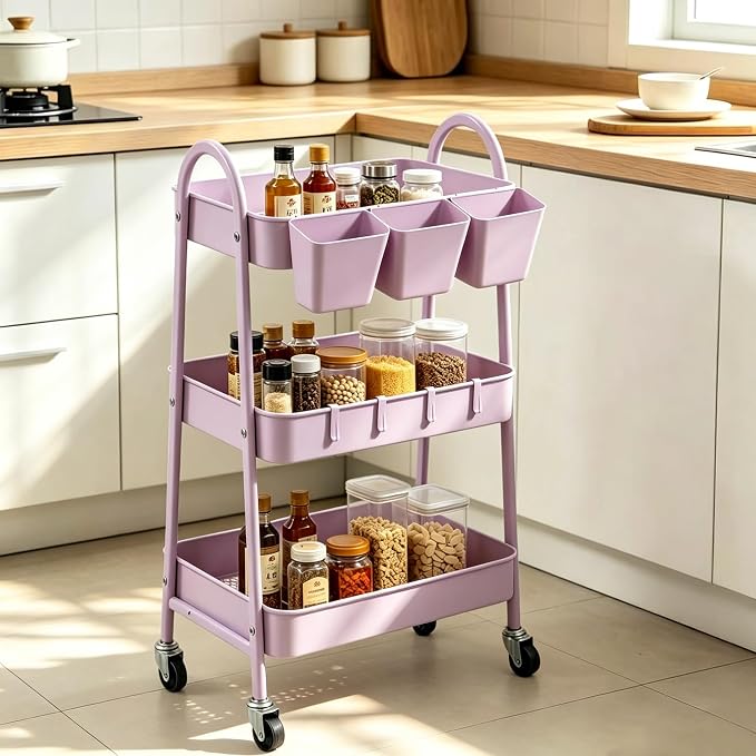 danpinera 3-Tier Rolling Cart, Utility Cart Mobile Metal Rolling Storage Cart with Lockable Wheels & Hanging Cups & Hooks for Kitchen, Bathroom, Office, Workshop, Purple