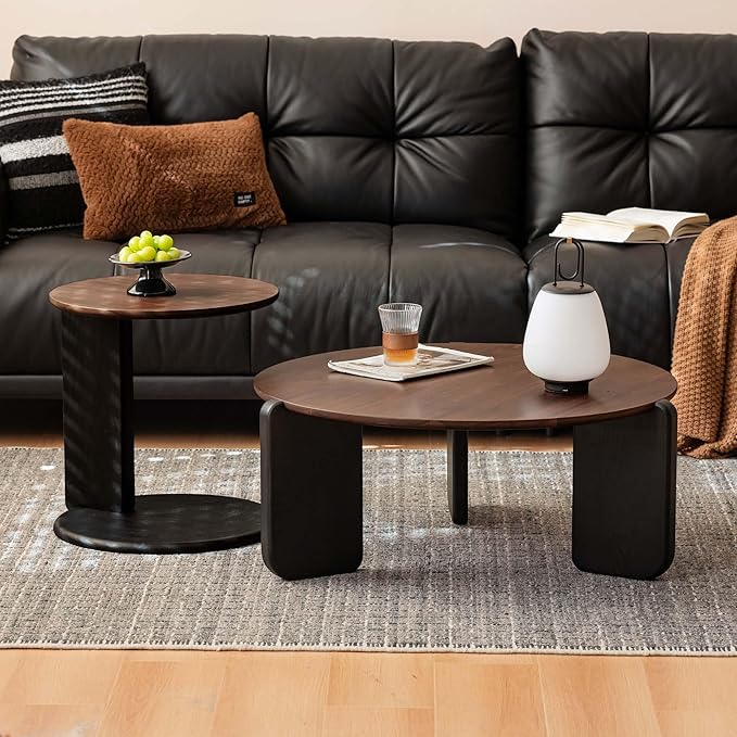 YESWOOD Round Coffee Table, Solid Walnut Wood Top Coffee Table with Oak Legs, Mid Century Morden Living Rooom Table, Small Coffee Table for Bedroom Balcony Living Room (18.35" D x 18.42" H)