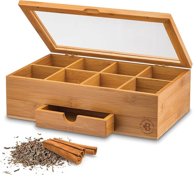 Bamboo Tea Bag Organizer Box - 8 Compartment Tea Storage Box with Acrylic Lid, Magnetic Closure and Drawer, Tea Bag Holder for Kitchen Counter, Tea Organizer, Tea Box, Gift for Mom Wife Tea Lovers
