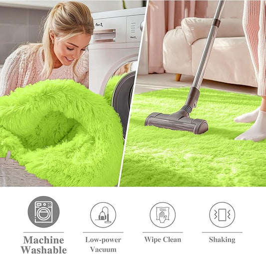OLANLY Lime Green Round Rugs for Bedroom - Machine Washable, 3 ft Circle Area Rugs for Living Room, Soft and Fluffy Shaggy Carpet for Teen Girl and Boys, Nursery Rooms, Dorms, Home Decor Aesthetic