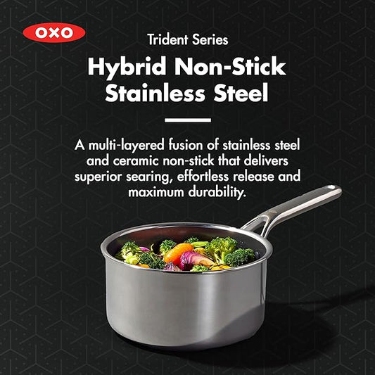 OXO Hybrid 2.5QT Nonstick Saucepan with Glass Lid, PFAS-Free Ceramic Chef Pot, Oven Safe to 850F, Induction & All Cooktop Compatible, Dishwasher Safe, Mirror Polished Tri-Ply