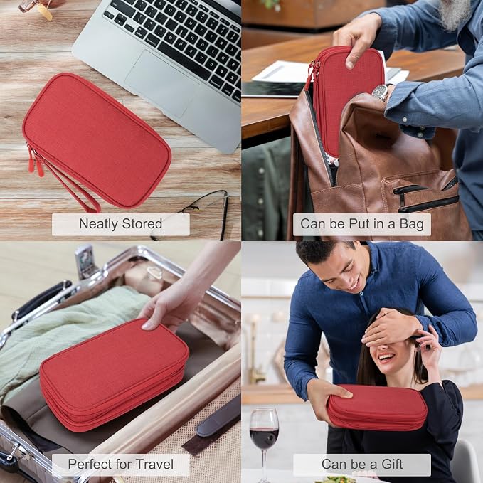 FYY Electronic Organizer, Travel Cable Organizer Bag Pouch Electronic Accessories Carry Case Portable Waterproof Double Layers Storage Bag for Cable, Cord, Charger, Phone, Earphone, Medium Size, Red