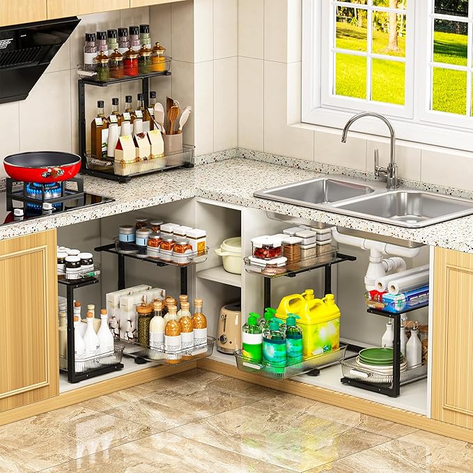 ARSTPEOE 2 Pack Double Sliding Under Sink Organizers and Storage,Two Tier Bathroom Storage and organization,Under Cabinet Organizer, Clear
