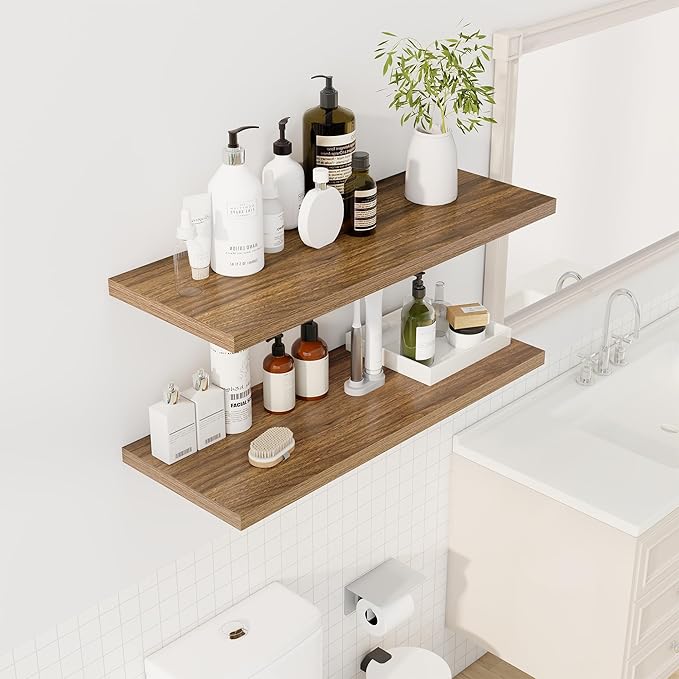 Dreamland 36" Floating Shelves for Wall, 12" Deep Slim Walnut Floating Shelves, Wall-Mounted Shelves for Bedroom, Living Room, Kitchen, Bathroom - Set of 2