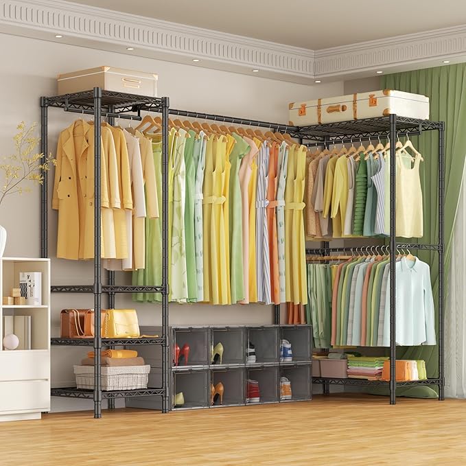 E10L L-Shaped Clothes Rack for Corner(With Expandable Hanger Rod)Heavy Duty Freestanding Clothing Racks for Hanging Clothes,Portable Garment Rack 58-82"W x 30"D x 72"H,Max Load 900LBS,Black