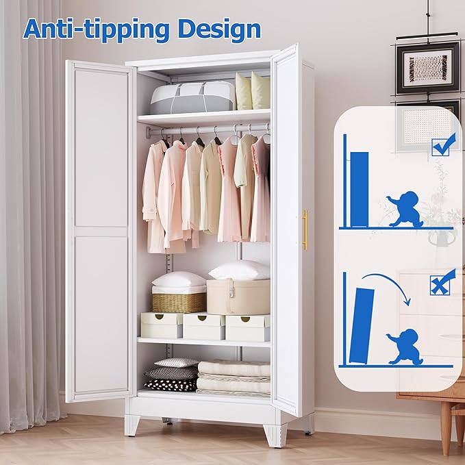 Metal Wardrobe Cabinet with Mirror and Hanging Rod, 71" Metal Clothing Storage Cabinets with 2 Doors and Adjustable Shelves, White Armoire Wardrobe Closet for Bedroom, Laundry Room, Cloak Room