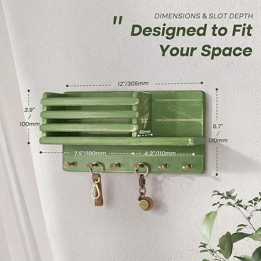 Rebee Vision Pine Wood Key Holder Wall Mount for Room Decor– 6 Hooks for Umbrella & Hats - Wooden Key Holder for Wall with Mail Slot Can Store Letters and Postcard (Green)