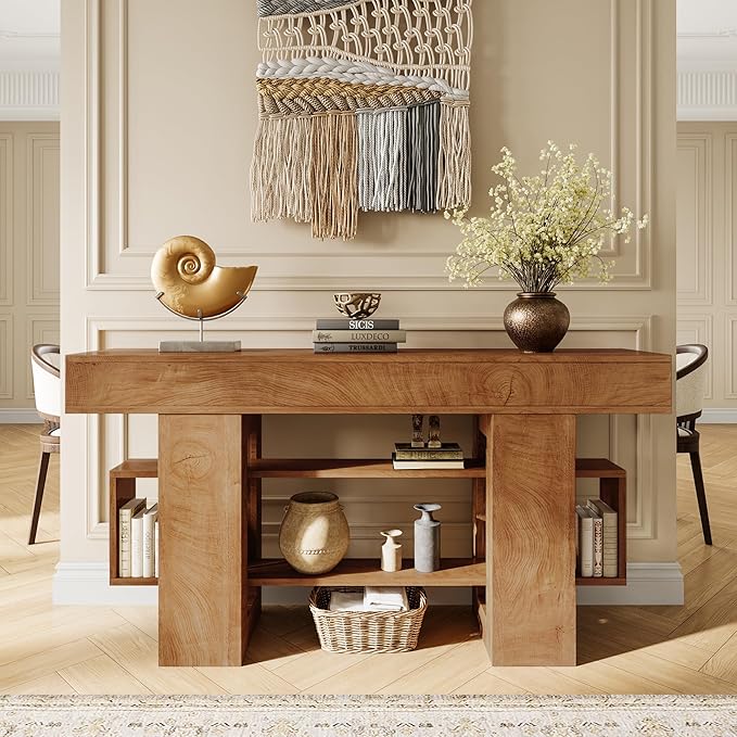 63 Inch Long Console Table for Entryway, Farmhouse Wooden Sofa Table Behind Couch with 3-Tier Storage Shelf, Narrow Entry Accent Table for Living Room, Hallway, Foyer, Oak