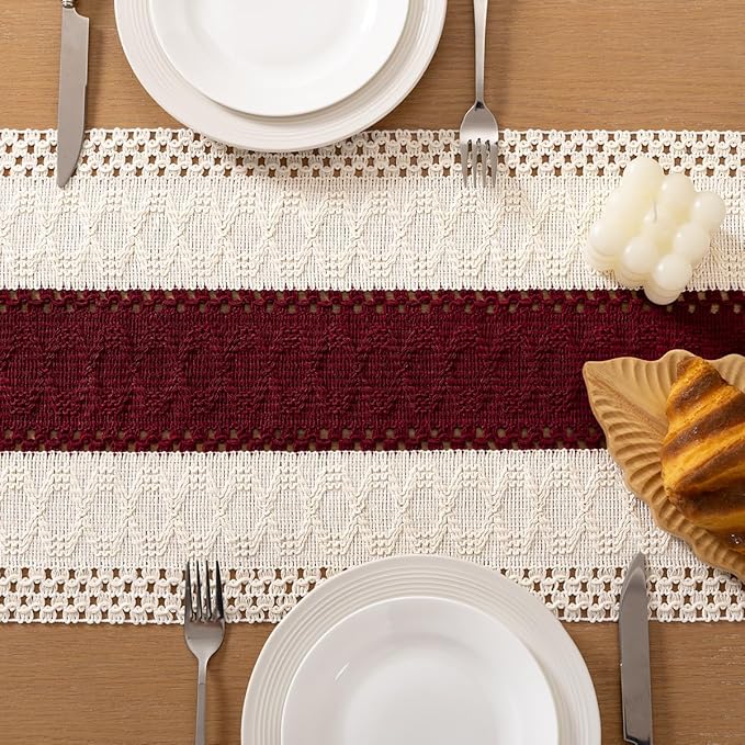 Socomi Boho Table Runner Valentine's Day Farmhouse Rustic Dining Kitchen Centerpiece Decor Small Macrame Woven Cotton Linen Coffee Table Runner for Dresser Scarf Home Decor 12x36 in Burgundy Ivory
