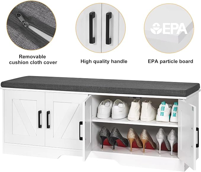HOMSHO 2-Tier Storage Bench, 47.2" Wide Shoe Bench with Padded Seat Cushion, Entryway Bench with 4 Barn Doors and Adjustable Shelf, White