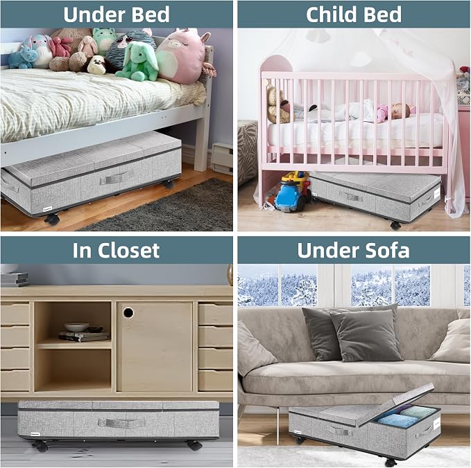 Supowin Under Bed Storage with Wheels, Rolling Underbed Storage Containers with Lids, Under Bed Shoe Storage Bins Organizer with Reinforced Metal Bottom Support and Three Handles
