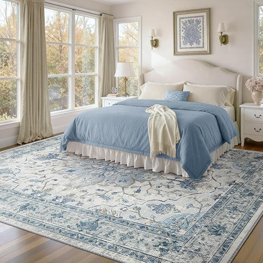 RELEANY Area Rugs 7'x10' Washable Non-Slip, Floral Vintage Distress Medallion Carpet for Living Room Bedroom Dining Room, Light Blue Navy Gray White