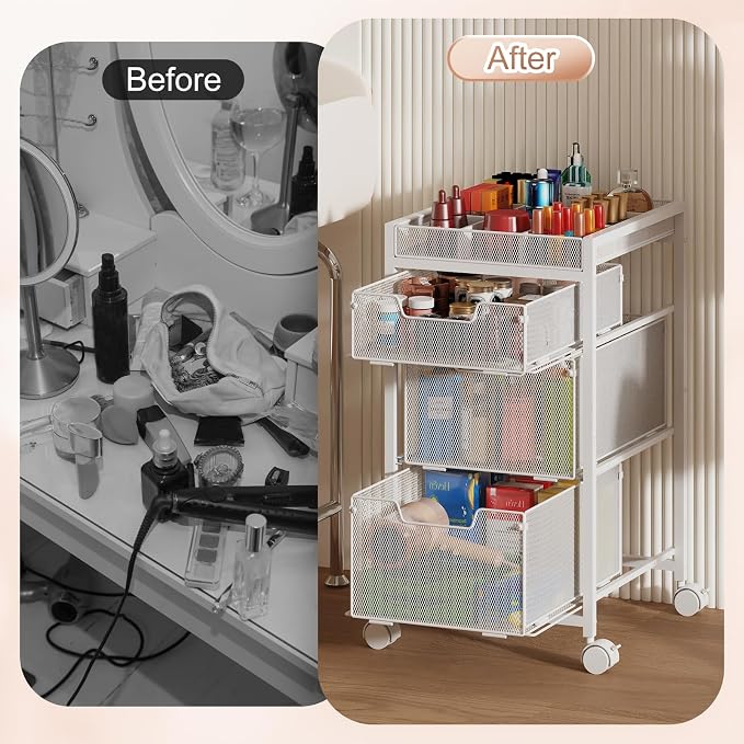 JKsmart Rolling Makeup Cart Organizer with 3 Drawers, Cosmetics Display with Dividers, Floor Skincare Storage with Wheels, Versatile Vanity Organizer for Nail Polish Perfume Brush Hair Tool, White