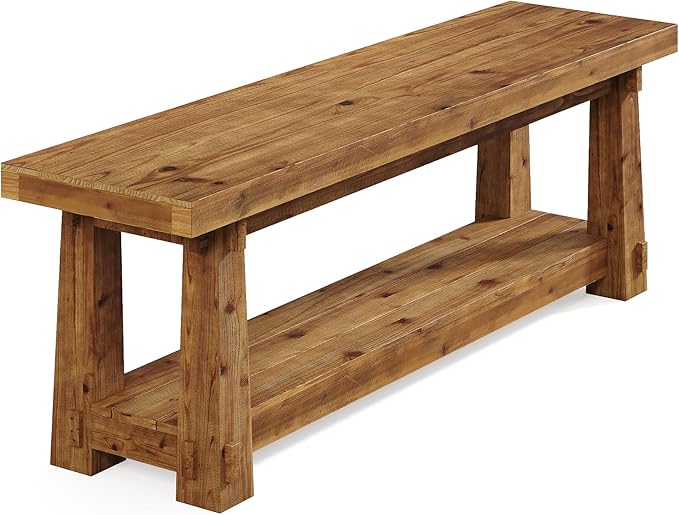 55" Solid Wood Entryway Bench with Shoe Storage, Rustic Hardwood Finishes Foyer Bench with Open Shelf for Hallway, Mudroom, Bedroom, Easy Assembly
