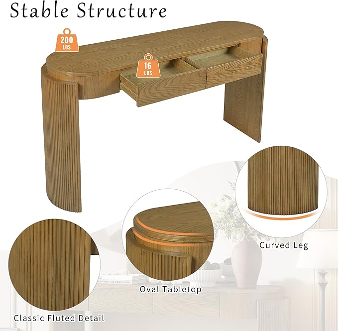 LKTART 55" Sofa Table with Oval Top and 2 Drawers, Entryway Console Table with Fluted Design for Hallway,Foyer,Entry and Living Room (Fully Assembled-Pine Wood)