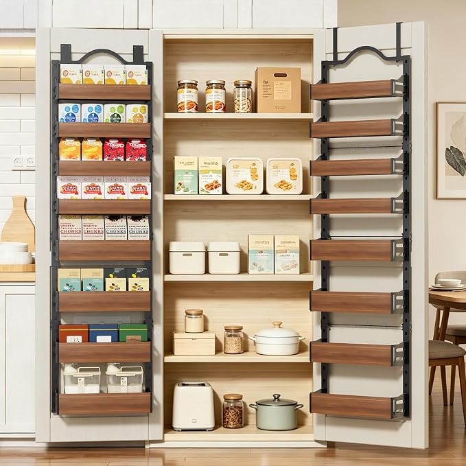 8-Tier Pantry Door Organizer, Over the Door Pantry Organizer with Wooden Adjustable Baskets, 2 IN 1 Spice Rack Wall Mount or Door Organizer, Door Spice Rack(12.4"W x 5.5"D x 66.1"H,1 Pack, Black)