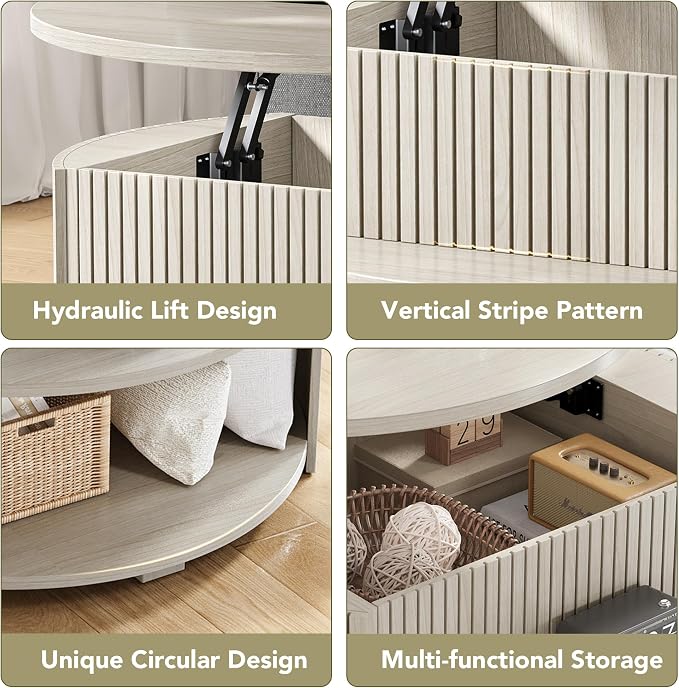 Round Lift Top Coffee Table with Storage, Fluted Mid-Century Modern Coffee Tables for Living Room, with Hidden Compartment & Open Shelves, for Small Spaces & Home Office(31.5" White Oak)