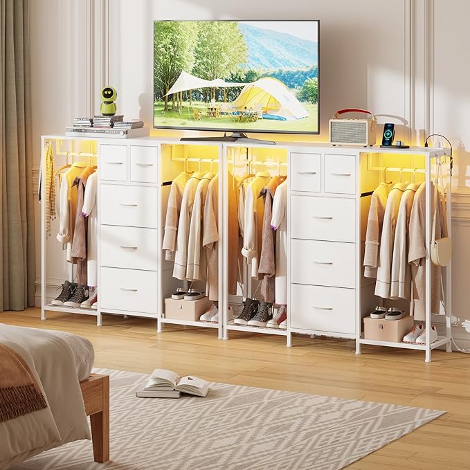 49.2“W Dresser with 2 Hanging Racks, 5 Drawers Dresser with LED Lights & Charging Station, Dressers TV Stand with Clothes Rack, Shoe Racks and Side Hooks, Chest of Drawers for Bedroom, White