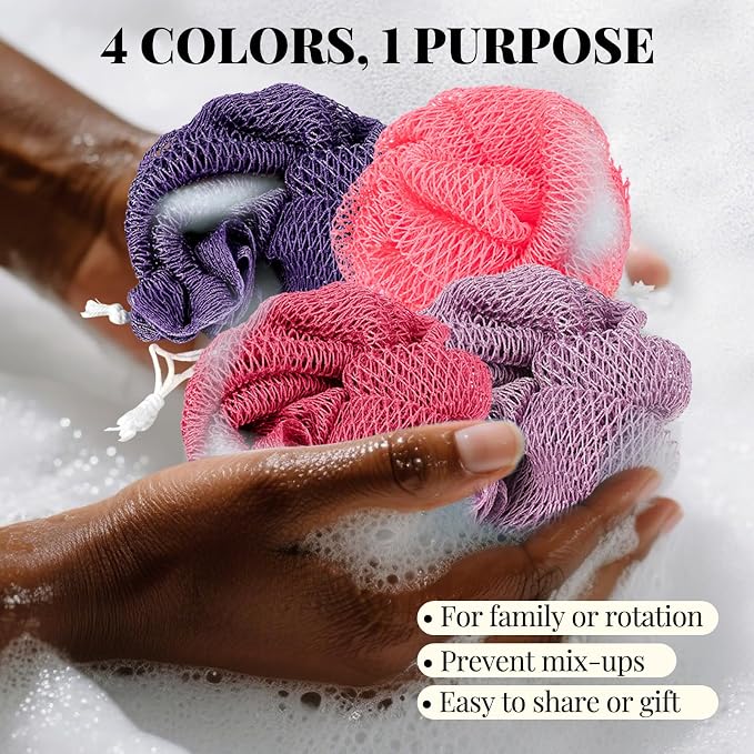 African Net Sponge Authentic-4 Packs African Exfoliating Net Sponge,Bath Sponges for Shower,42 inch Long for Normal to Sensitive Skin, Body Exfoliator Shower -Light Purple,Purple,Light Pink,Neon Pink
