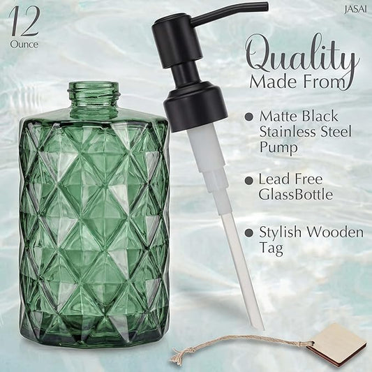 JASAI Forest Green Glass Soap Dispenser with Black Rustproof Pump, Refillable Small Soap Dispenser for Kitchen and Bathroom.