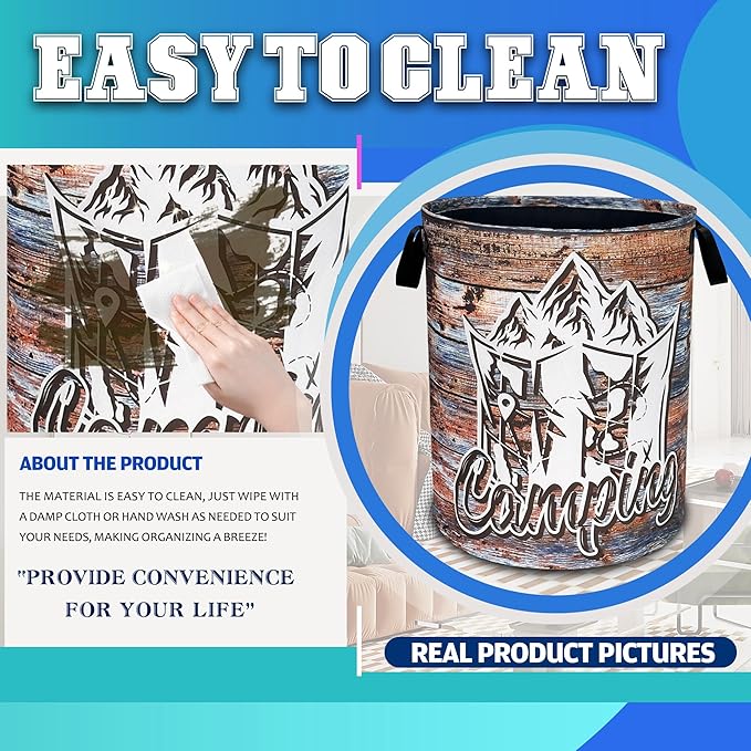 Camping Laundry Basket Oxford Cloth Funny Mountain Camper Laundry Hamper With Handle Foldable Portable Clothes Storage Basket 18.9 X 16.5 Inch Storage Bag For Laundry Room/Bathroom/Bedroom/Dormitories