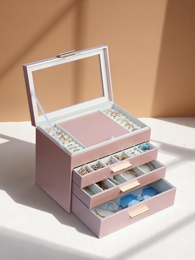 BOOVO Jewelry Boxes for Women, White and Black 6 Layer Large Jewelry Box for Necklace, Bracelet, Earrings, Rings Storage, Jewelry holder Organizer for Girls Gift (Rose gold, 4 layer)