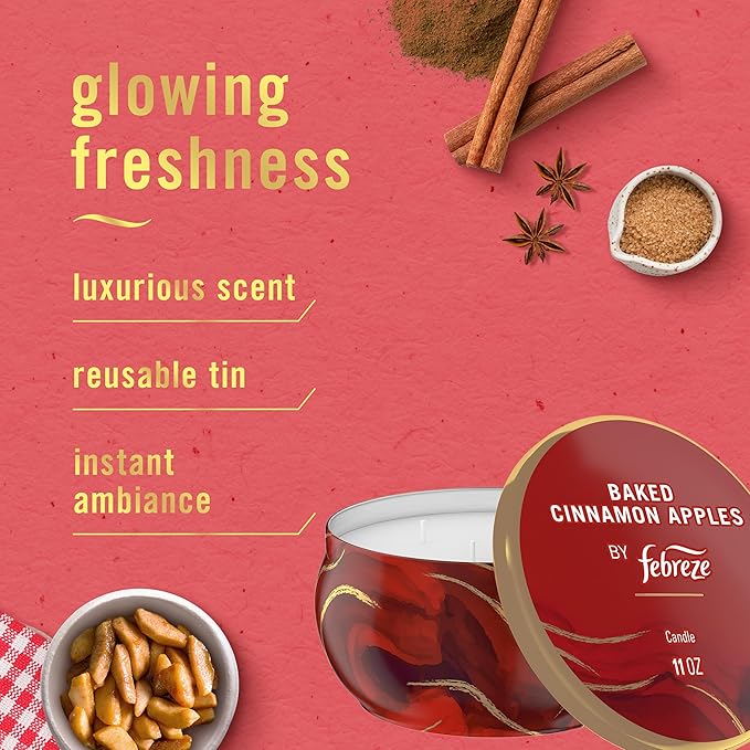 Febreze Scented Candle, Baked Cinnamon Apples Scent, 4 Wick Candle, Reusable Tin, Long Lasting Even Burn, Giftable for Holidays, 11oz, Single Pack