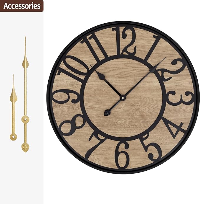 LEIKE Large Wall Clocks Living Room Decor,Non Ticking Silent,Battery Operated Small Round Modern Wood Wall Clock for Bedroom,Kitchen,Farmhouse,Office Vintage Home Decor-20 -Arabic Number