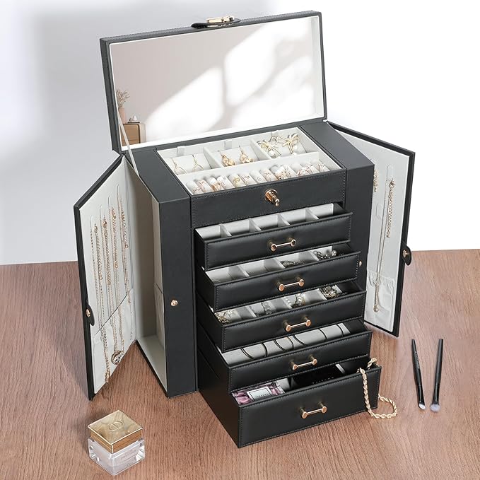 Large Jewelry Box,Jewelry Organizer Box with 5 Drawers,6-Tier Jewelry Holder Organizers Jewelry Storage Case with Mirror,Jewelry Boxes for Women (Black)
