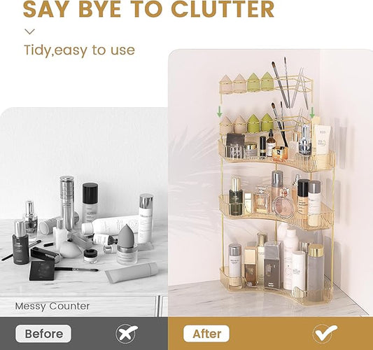 NATURE'S SOURCE Makeup Organizer for Vanity, 3-Tier Corner Bathroom Organizer Countertop with Makeup Brush Holder, Bathroom Counter Storage for Dresser-Amber Gold