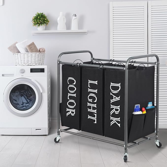 STORAGE MANIAC 3 Section Laundry Sorter, 35.9 Gal (136 L) Laundry Hamper Cart with Heavy Duty Rolling Lockable Wheel and Removable Bag, Clothes Organizer Basket Clothes Separator Hamper, Label Black