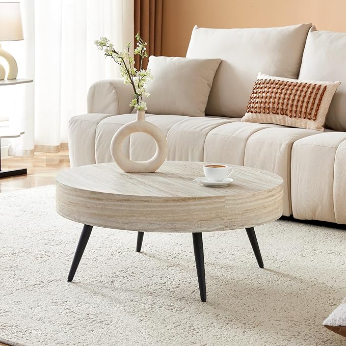 LKTART Coffee Table for Living Room, Round Wood Coffee Tables, Modern Metal Accent Center Tea Table for Apartment Small Space (31Inch-Mars Light)